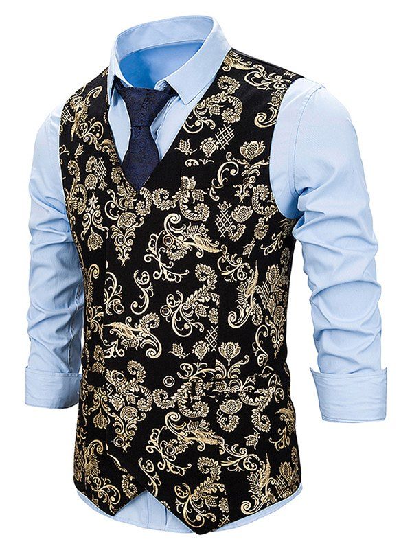 

Gilding Flower Pattern Double Breasted Business Vest, Gold