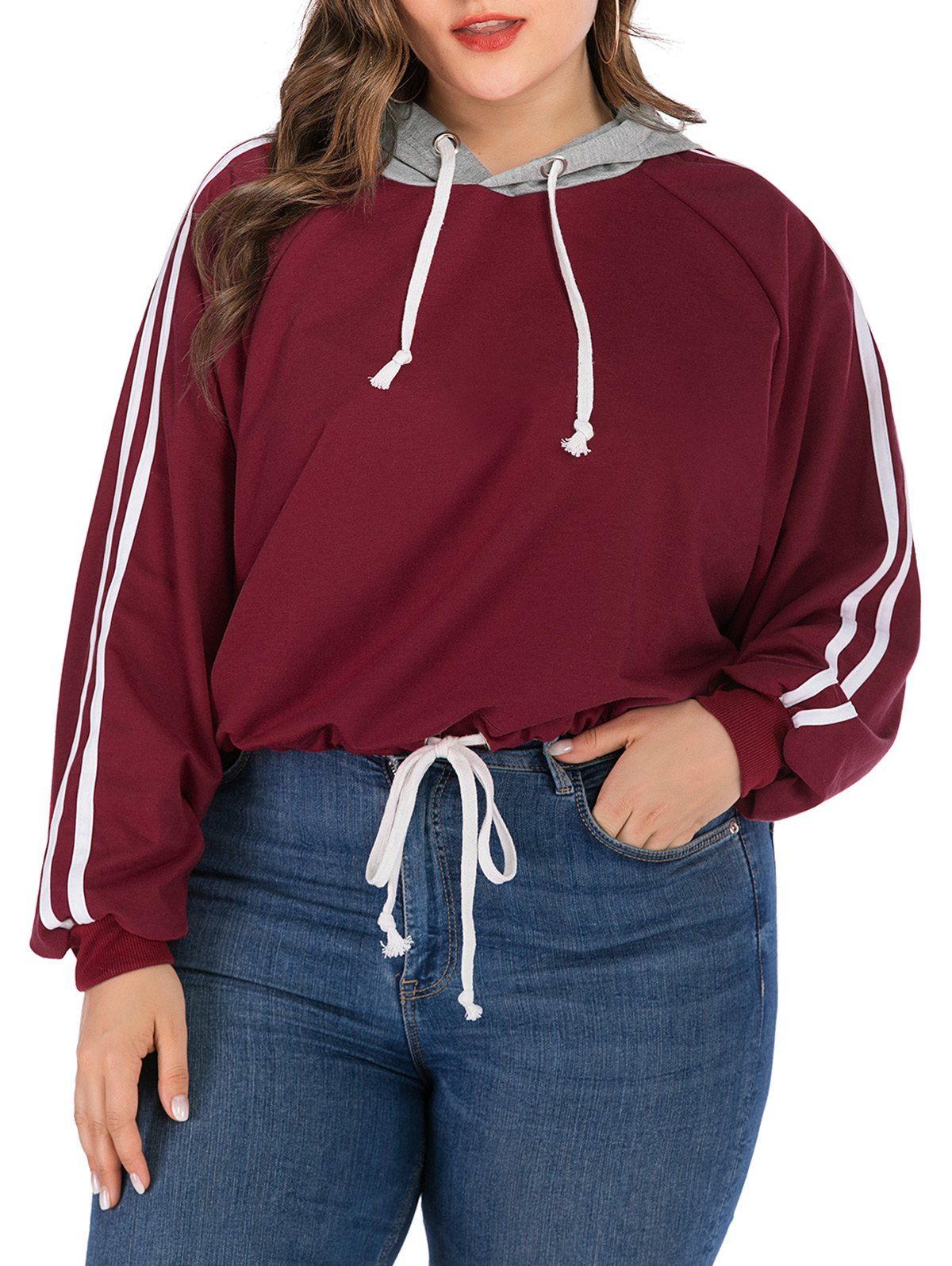 

Plus Size Striped Raglan Sleeve Drawstring Hoodie, Red