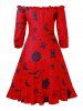 Robe d'Halloween Ligne A Vintage à Epaule Dénudée de Grande Taille avec Gilet en Couleur Unie - Rouge Lave L