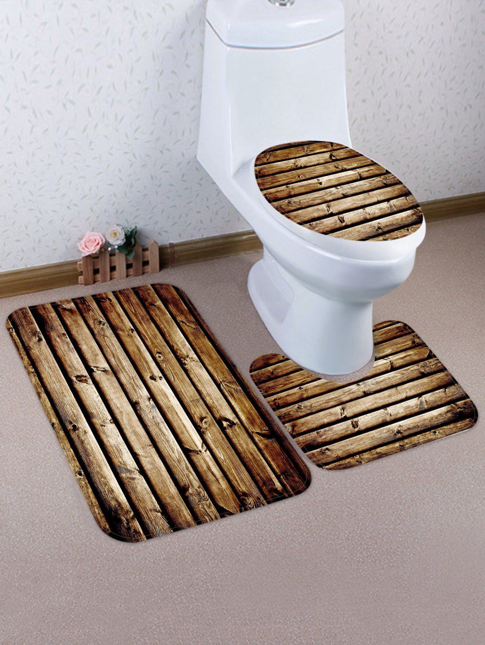 

Wooden Design 3 Pcs Bathroom Toilet Mat, Multi