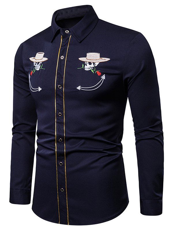 

Skull Flower with Cap Embroidery Long Sleeve Shirt, Cadetblue