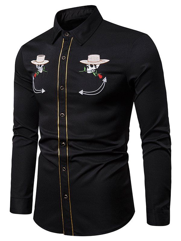 

Skull Flower with Cap Embroidery Long Sleeve Shirt, Black