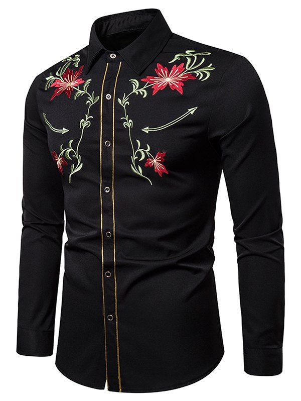 

Embroidery Flower Contrast Trim Button Shirt, Black