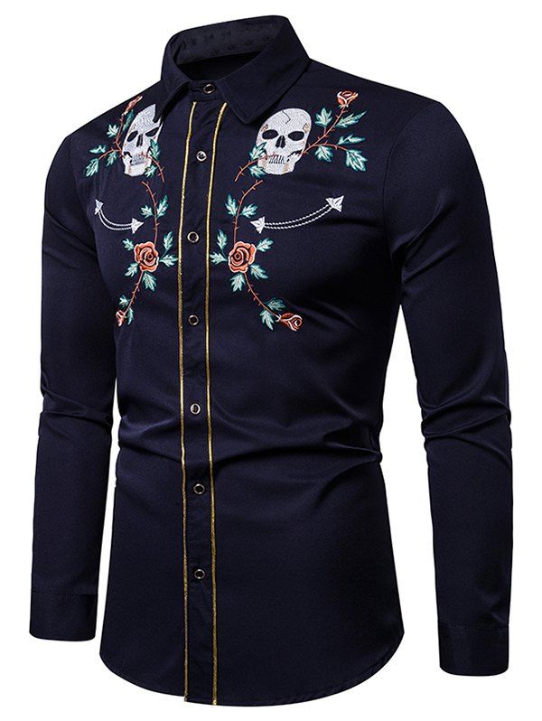 

Skull Flower Embroidery Contrast Trim Button Shirt, Cadetblue
