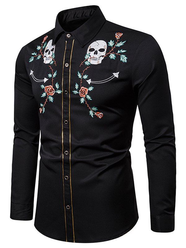 

Skull Flower Embroidery Contrast Trim Button Shirt, Black