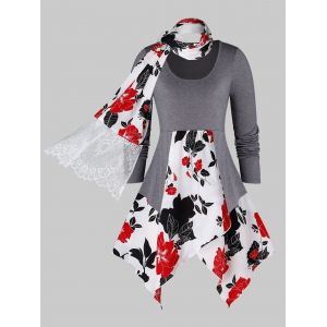 

Plus Size Handkerchief Floral Print T Shirt With Scarf, Gray