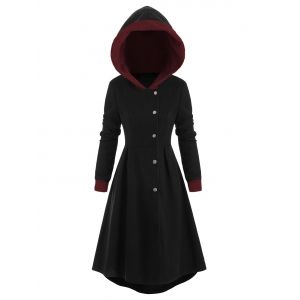 

Snap Button Fur Trim Hooded High Low Coat, Black