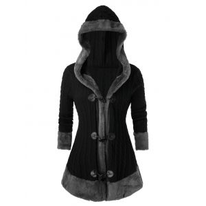 

Plus Size Horn Button Hooded Faux Fur Cable Knit Cardigan, Black