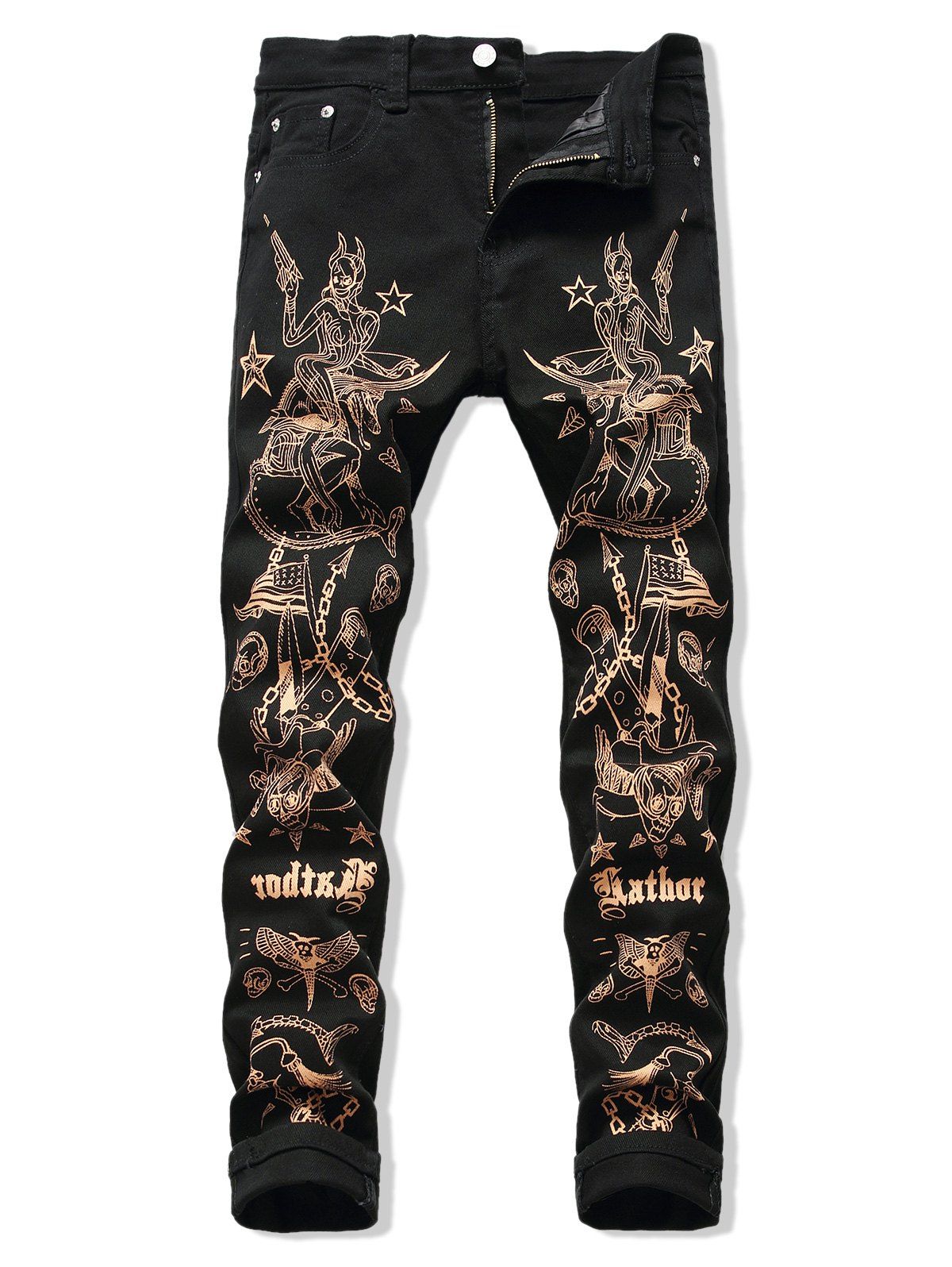 

Metallic Pirate Print Zipper Fly Straight Pants, Black