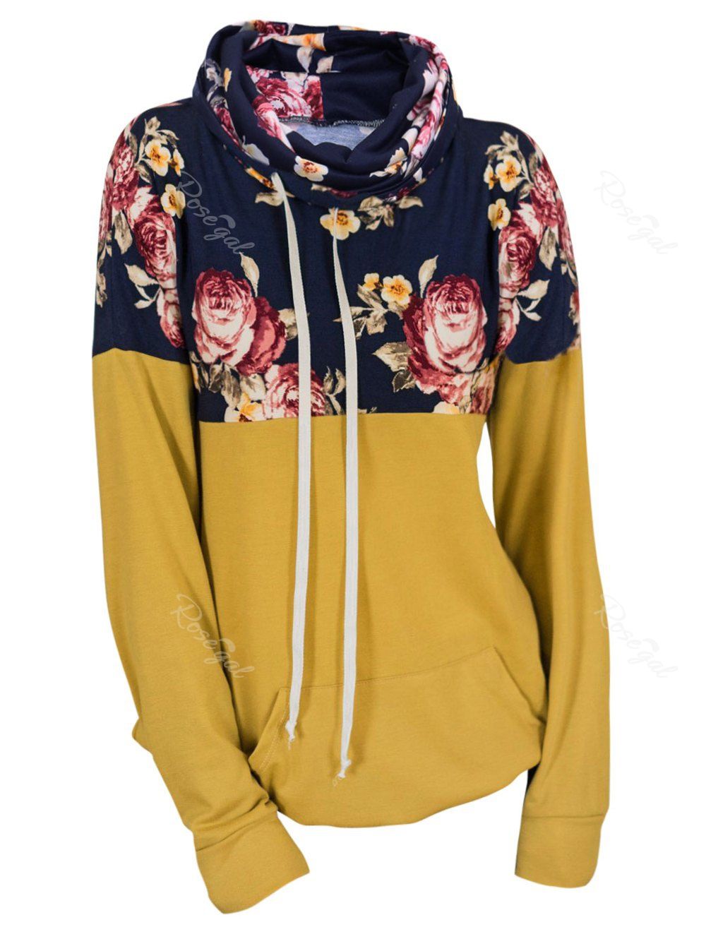 

Plus Size Drawstring Cowl Neck Floral Hoodie, Yellow