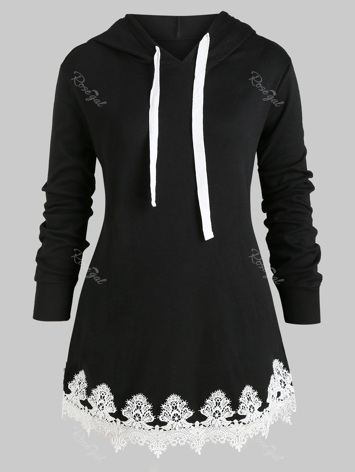 

Drawstring Longline Lace Panel Plus Size Hoodie, Black