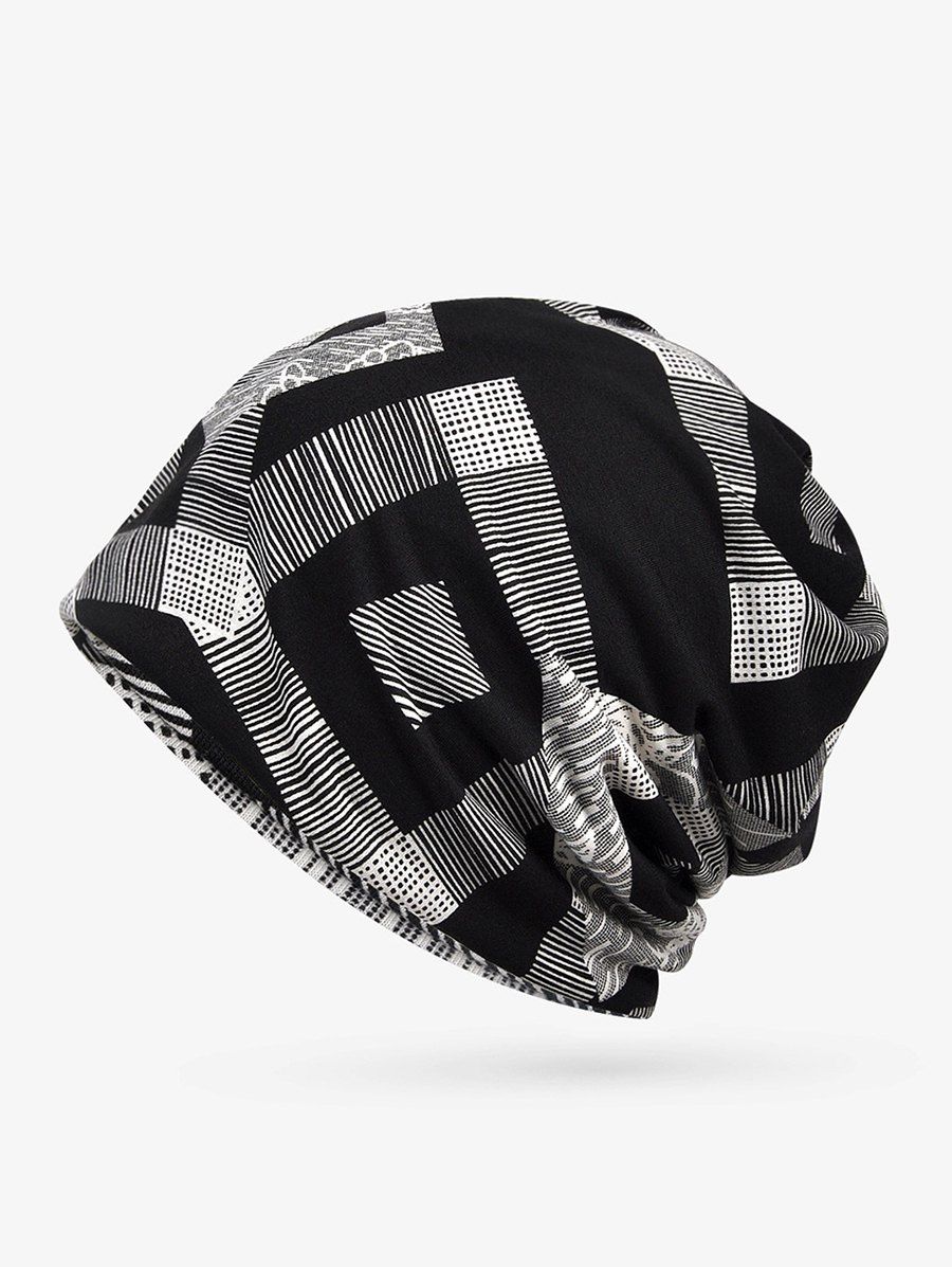 

Checkered Striped Print Elastic Double Use Scarf Hat, Black