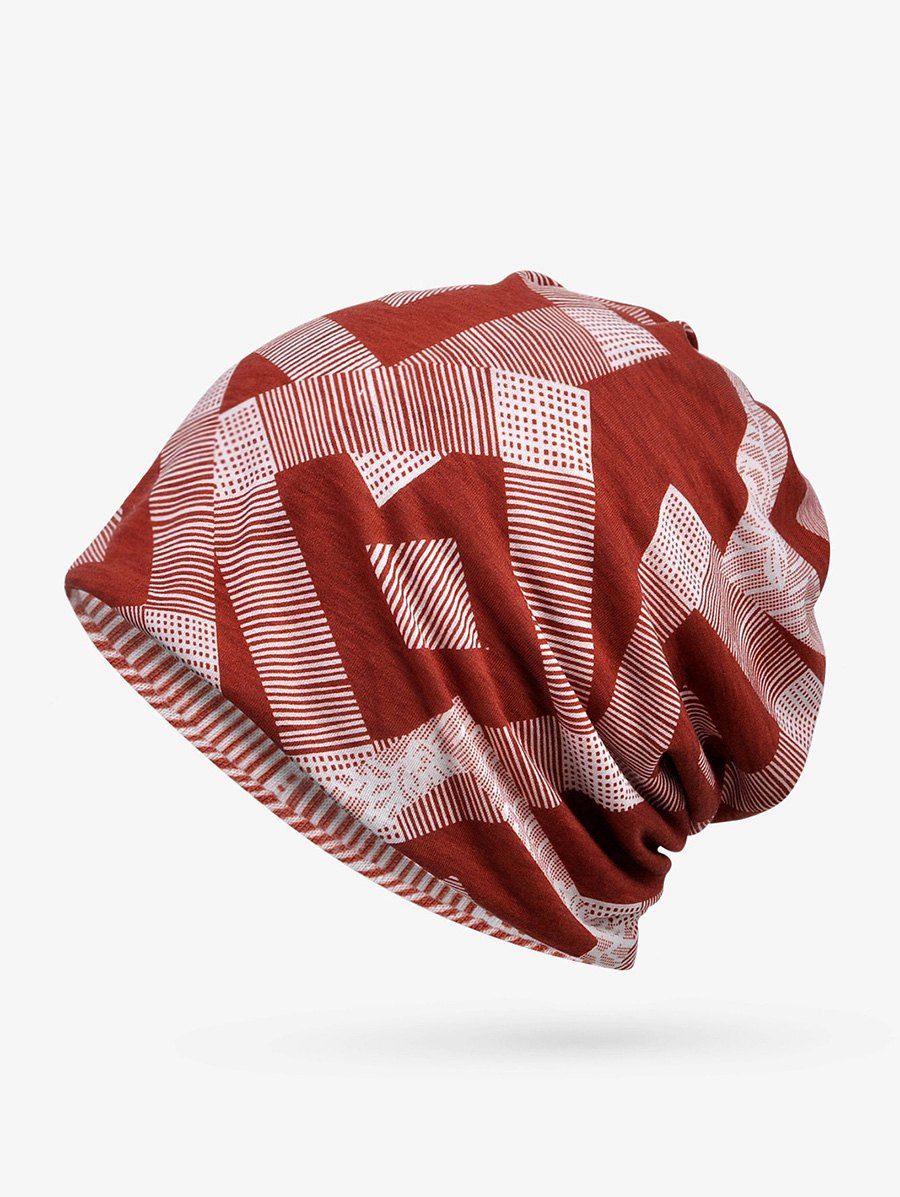 

Checkered Striped Print Elastic Double Use Scarf Hat, Red wine