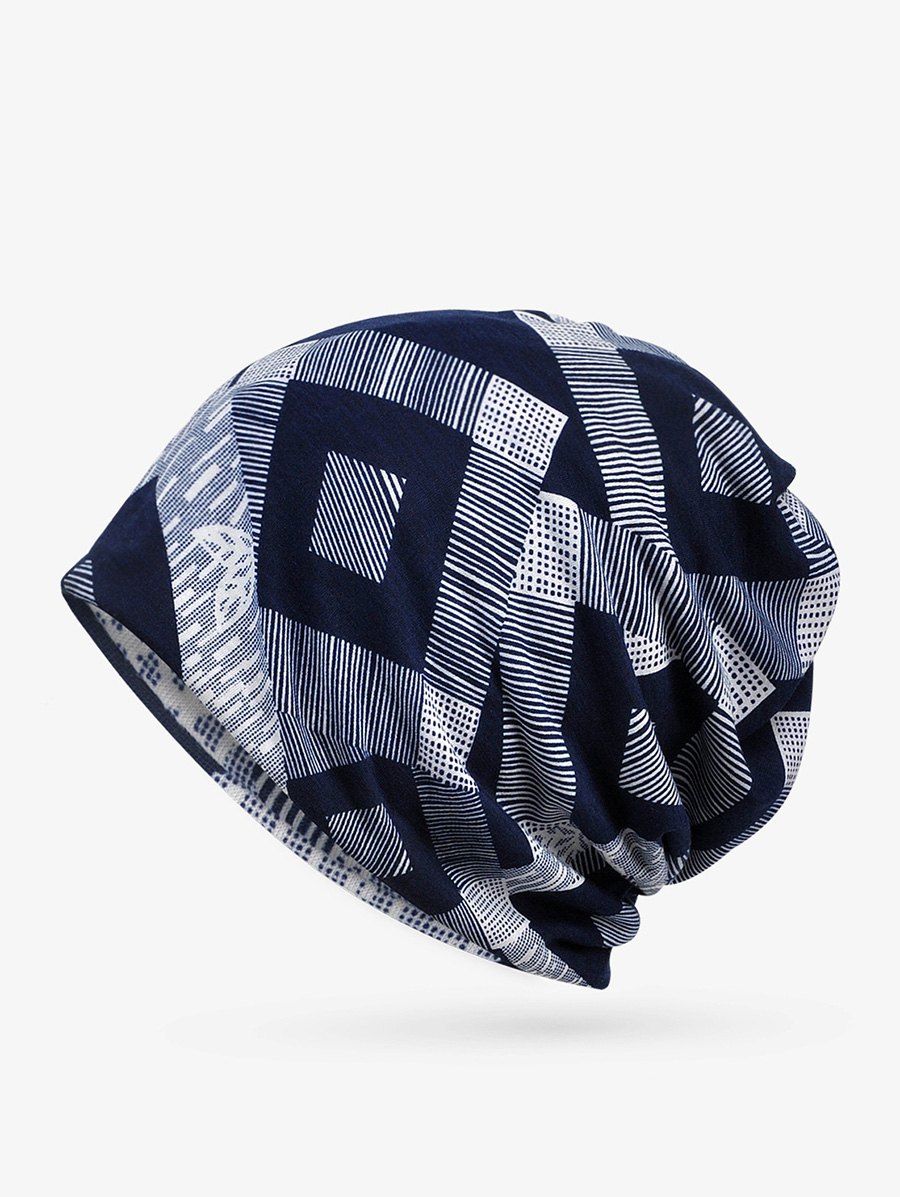 

Checkered Striped Print Elastic Double Use Scarf Hat, Deep blue