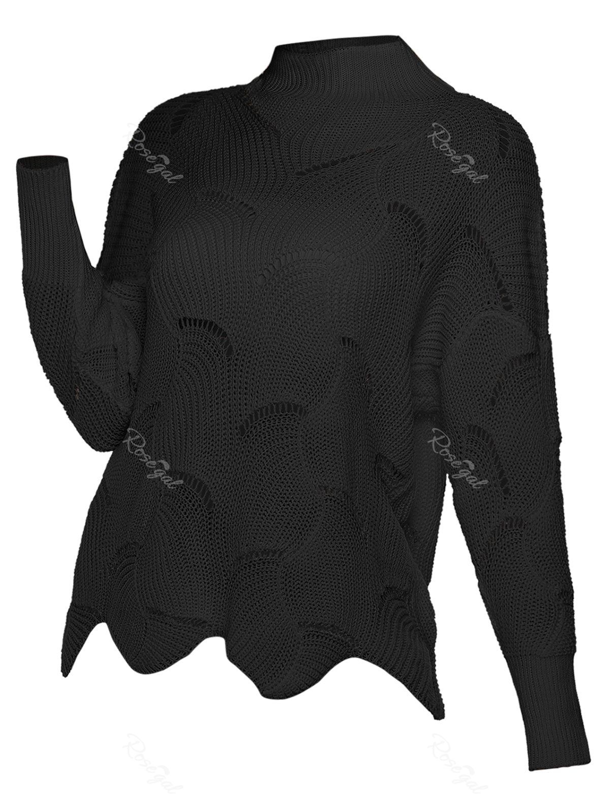 

Plus Size Open Stitch Scalloped Mock Neck Sweater, Black