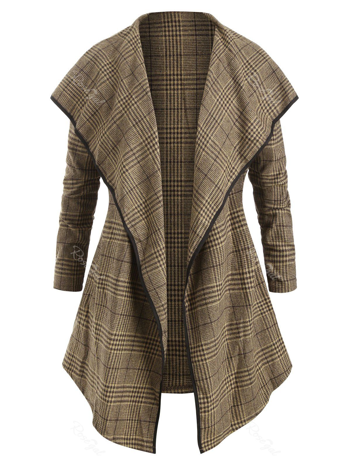 

Plus Size Draped Plaid Asymmetric Coat, Deep brown