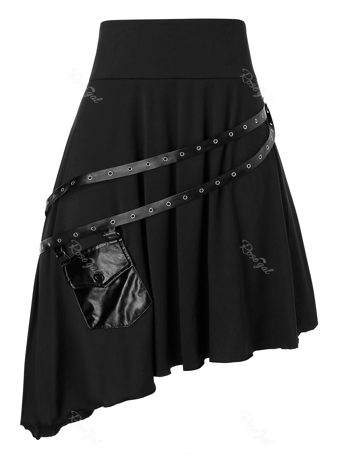 

Plus Size Asymmetric Zippered Rings Skirt, Black