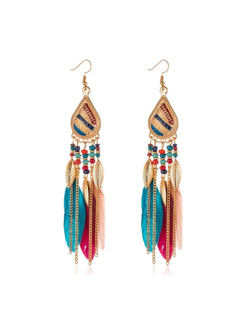 

Feather Beaded Long Tassel Earrings, Multi-a