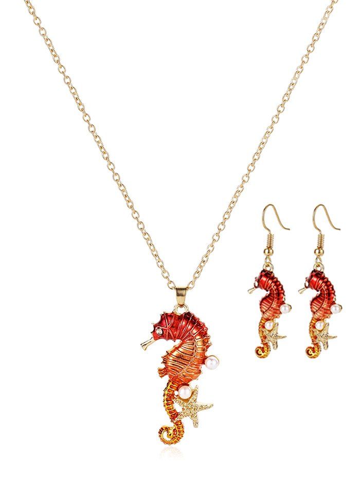 

Artificial Pearl Starfish Seahorse Earrings And Necklace Set, Pumpkin orange