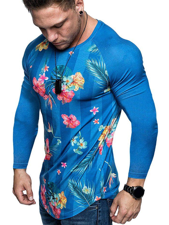 T-shirt Asymétrique Fleuri Imprimé à Manches Longues Bleu S