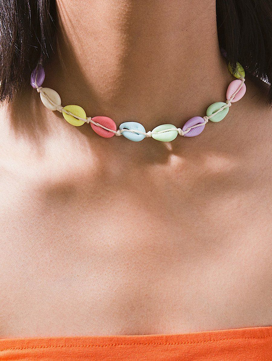 

String Adjustable Shell Choker Necklace, Multi-a