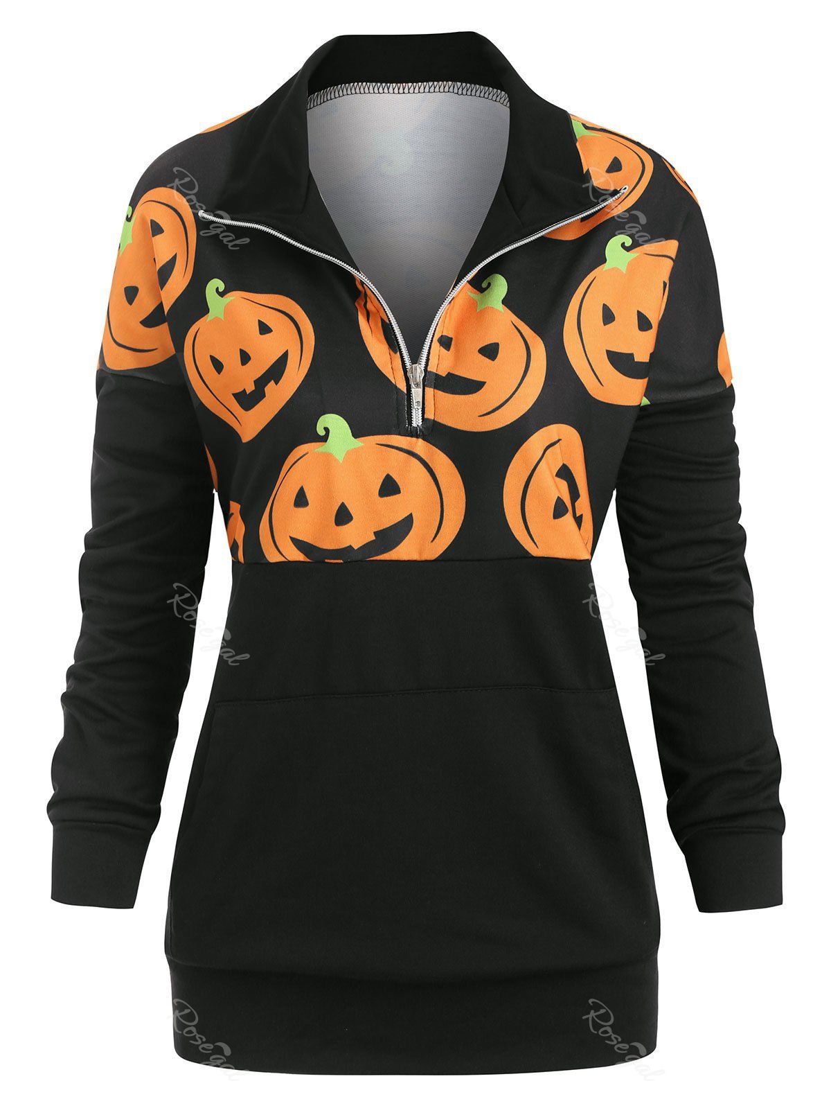 

Plus Size Pumpkin Half Zip Halloween Sweatshirt, Black