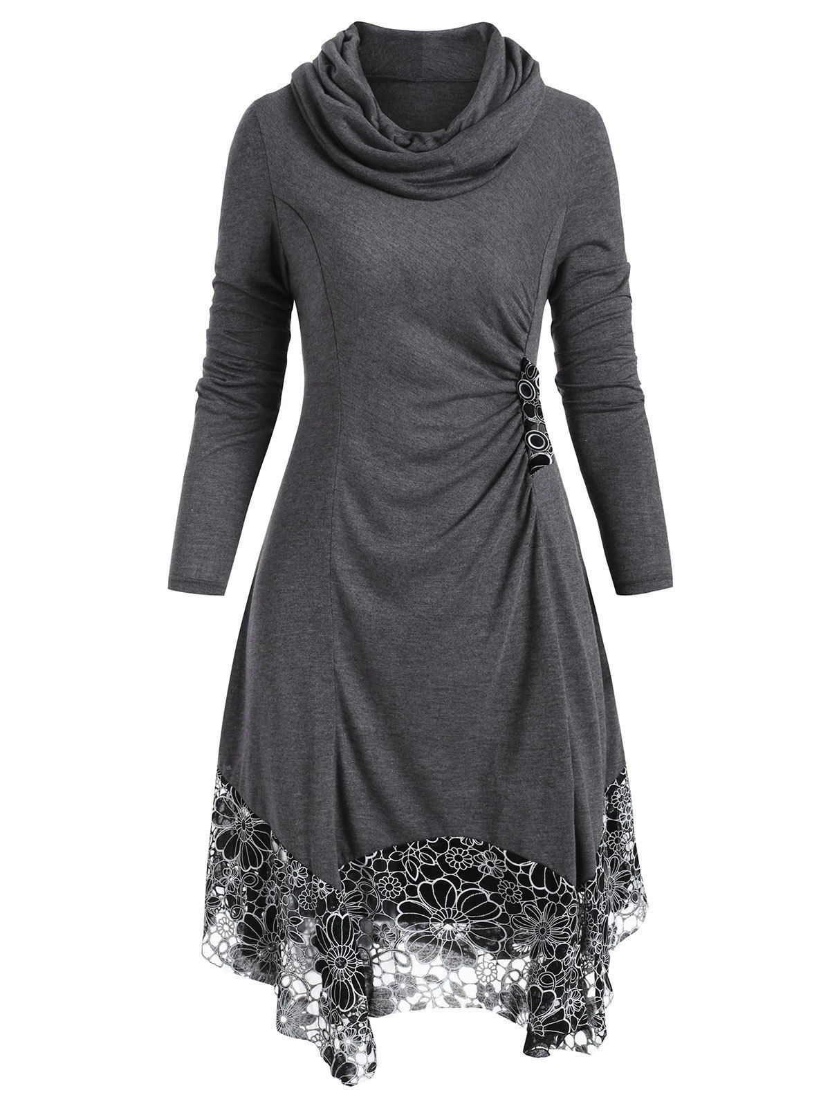 

Cowl Neck Button Embellished Flower Dress, Gray
