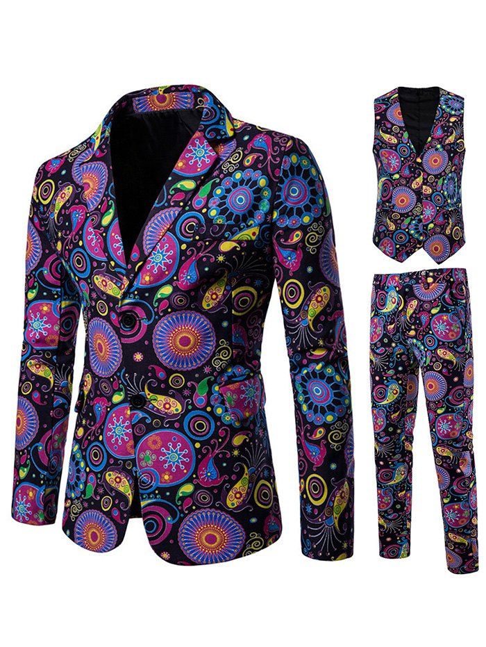 

3 Piece Ethnic Flower Print Linen Single Breasted Blazer Set, Multi