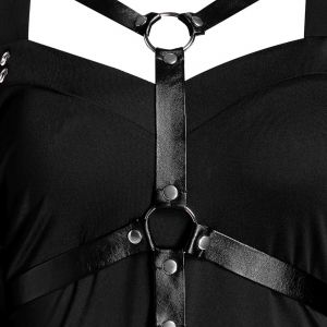

Batwing Sleeve Harness Insert Lace-up High Low Dress, Black