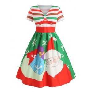 

Plus Size Christmas Santa Claus A Line Striped Midi Dress, Yellow green
