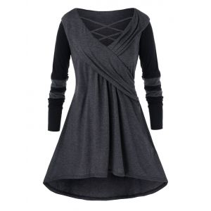 

Plus Size Casual Cowl Collar Long Jointed Top, Mist blue