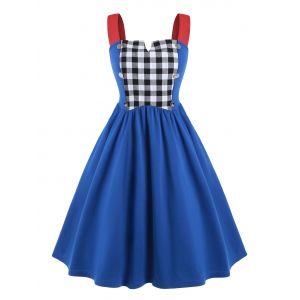 

Plus Size Plaid Panel Mock Button Vintage Dress, Blue