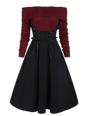 Off The Shoulder Lace Up Cable Knit Mixed Media Dress
