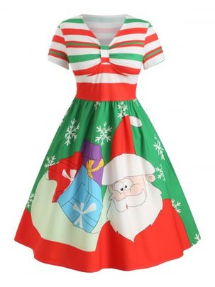 Plus Size Christmas Santa Claus A Line Striped Midi Dress