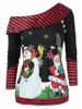 Sweat-shirt de Noël Imprimé de Grande Taille à Col Oblique - Rouge Vineux 3X