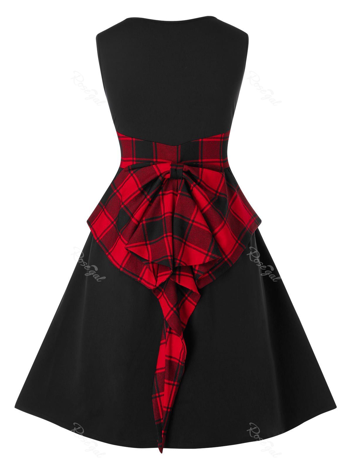 

Plus Size Checked Panel A Line High Waist Vintage Dress, Red