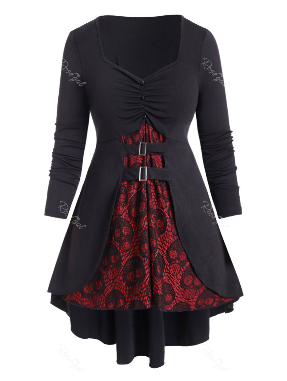 

Plus Size Halloween Skull Lace Buckle High Low T Shirt, Black