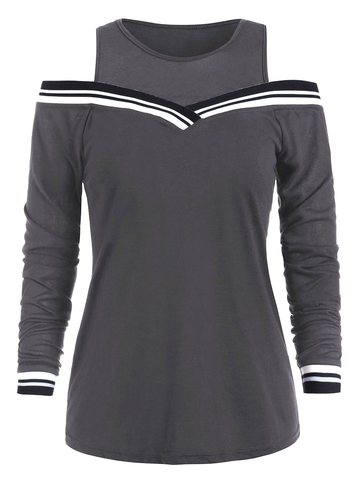 

Open Shoulder Striped Long Sleeve T-shirt, Gray