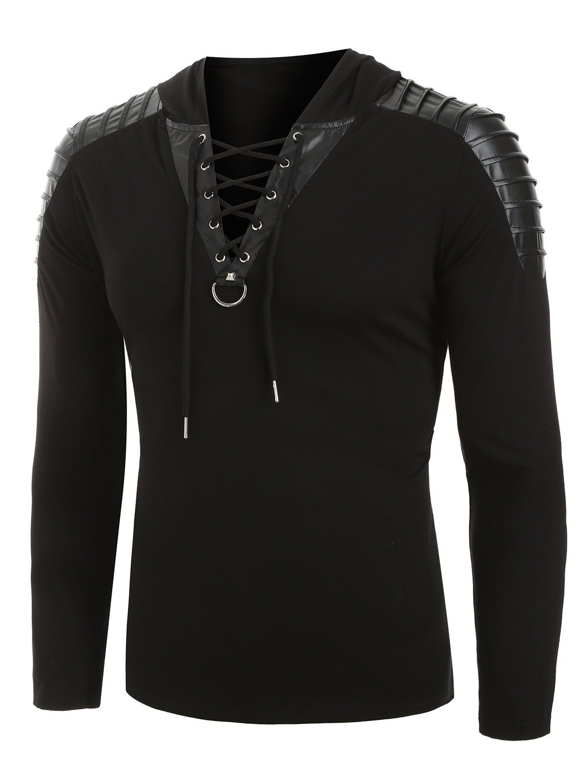 

Faux Leather Pleated Sleeve Lace-up D-ring Pullover Hoodie, Black