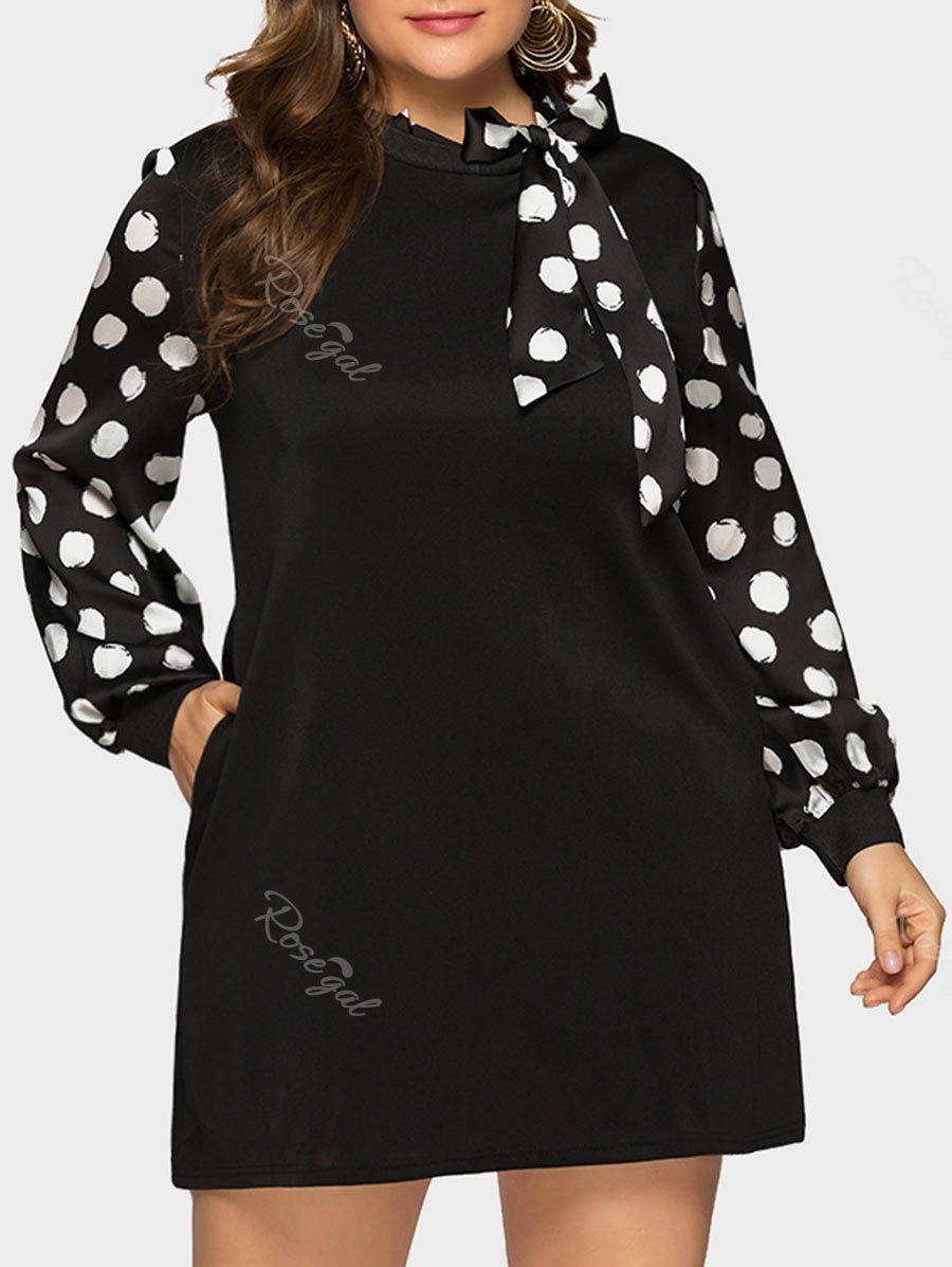 

Long Sleeve Bow Tie Polka Dot Plus Size Dress, Black