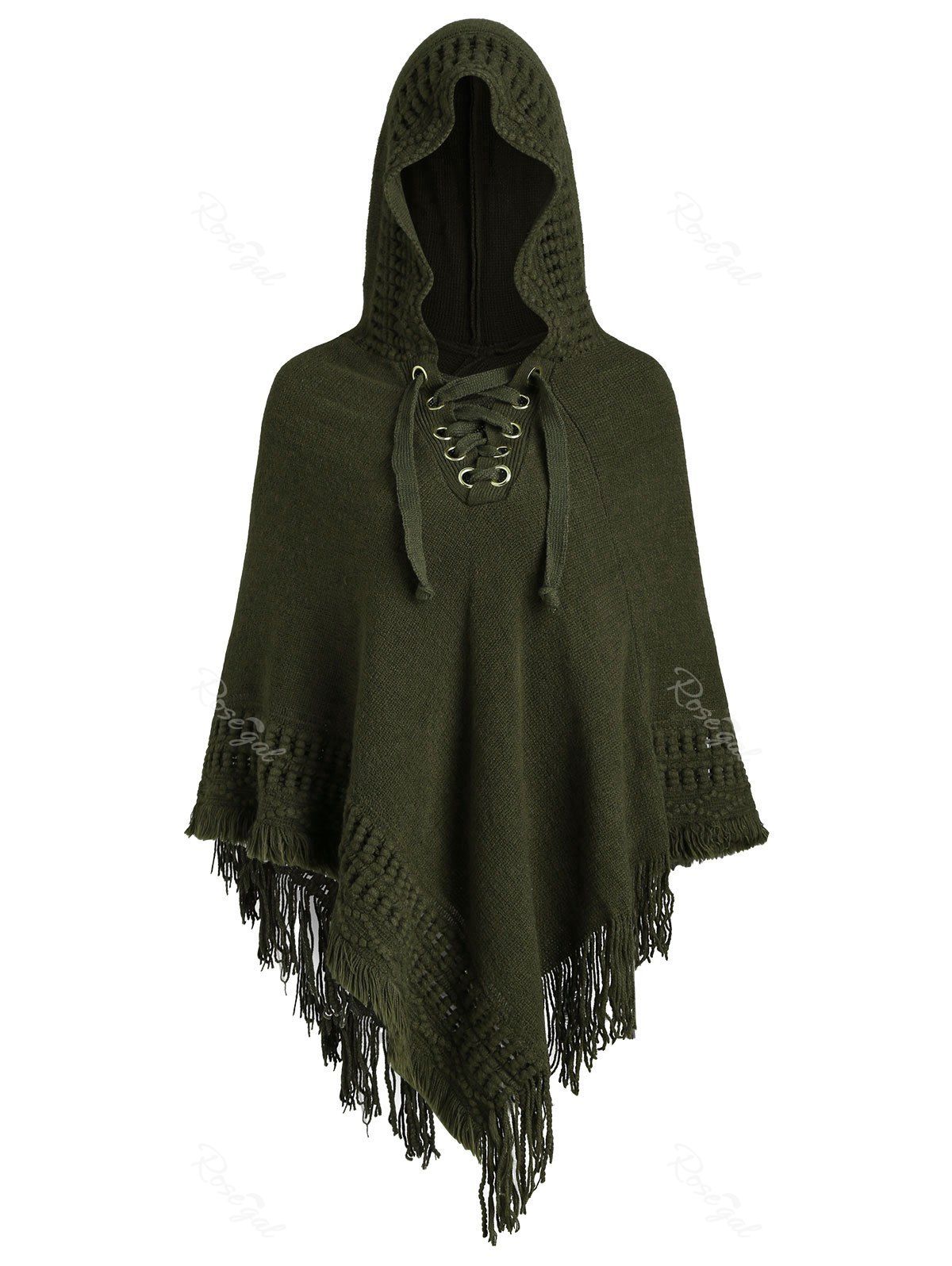 

Plus Size Hooded Fringe Lace-up Poncho Sweater, Army green