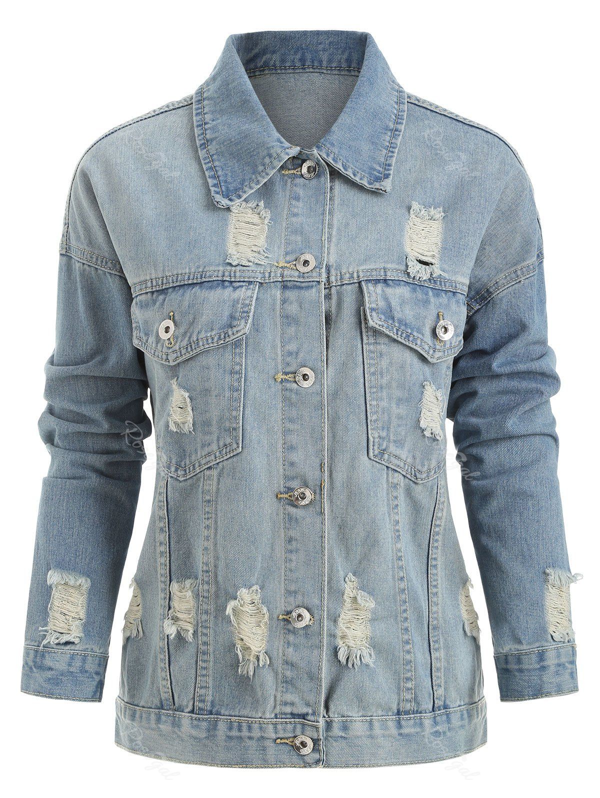 

Plus Size Ripped Button Up Denim Jacket, Blue