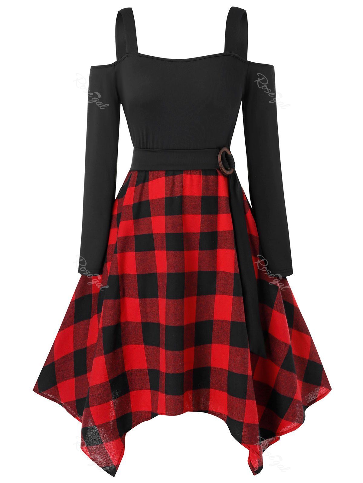 

Plus Size Asymmetrical Checked Panel Open Shoulder Dress, Black