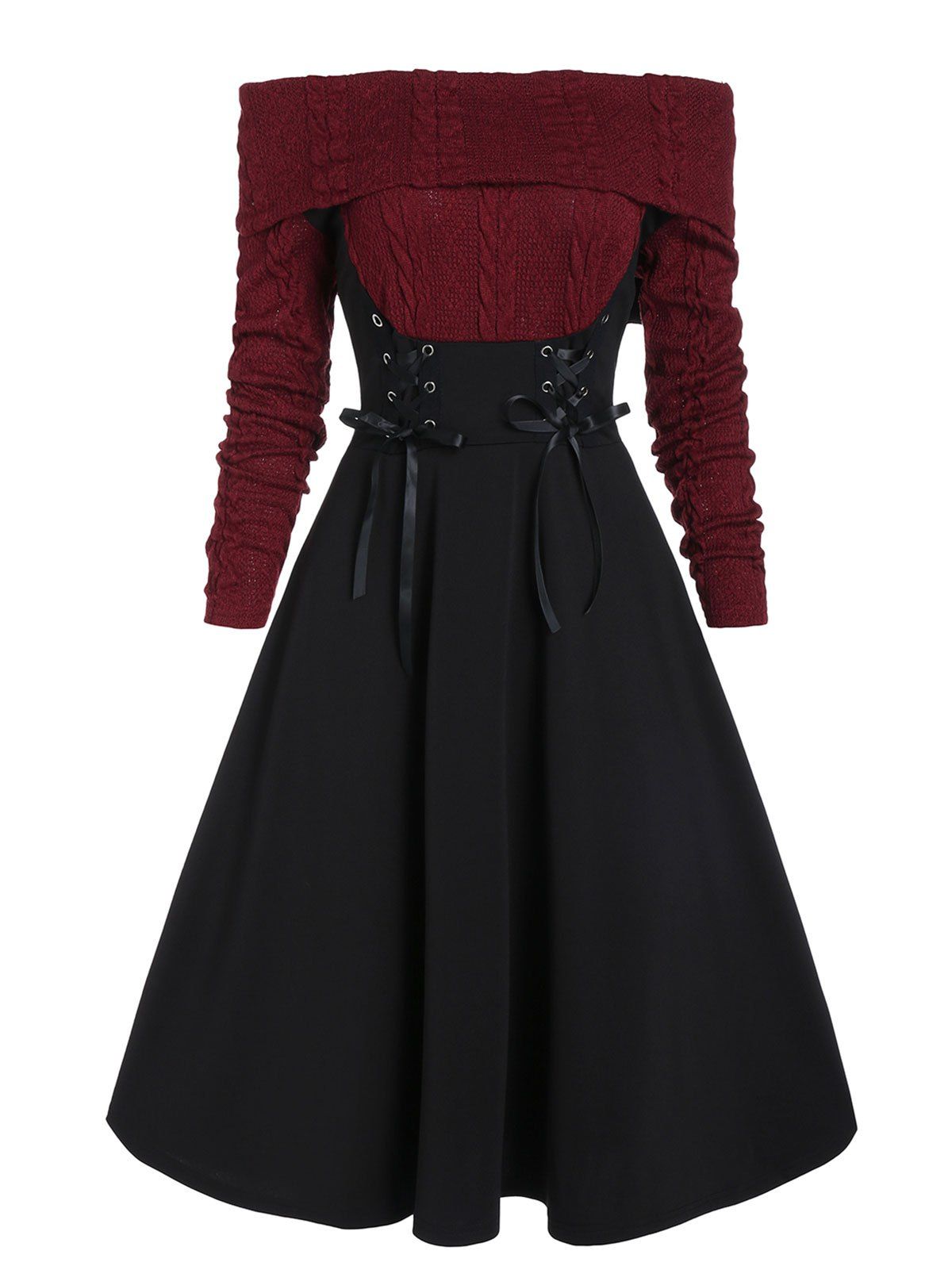 

Off The Shoulder Lace Up Cable Knit Mixed Media Dress, Multi-a