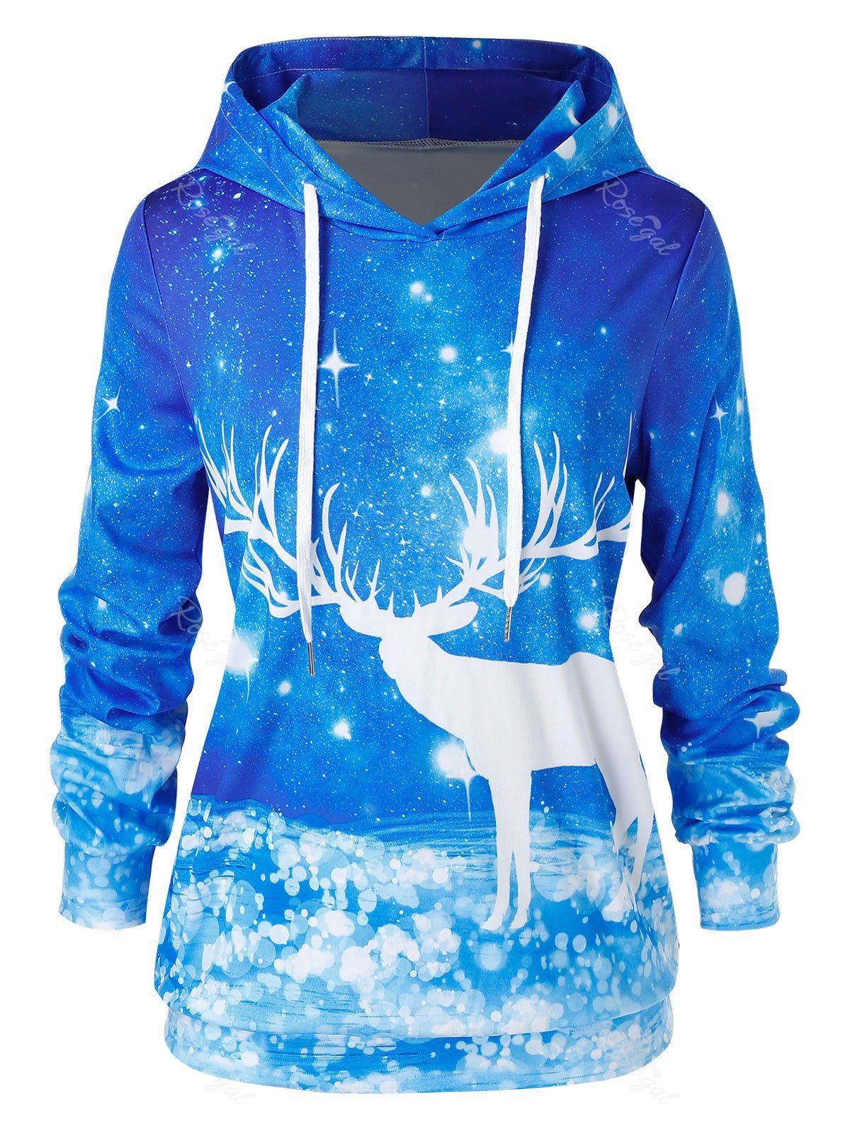 

Plus Size Tunic Elk Print Long Sleeve Hoodie, Ocean blue