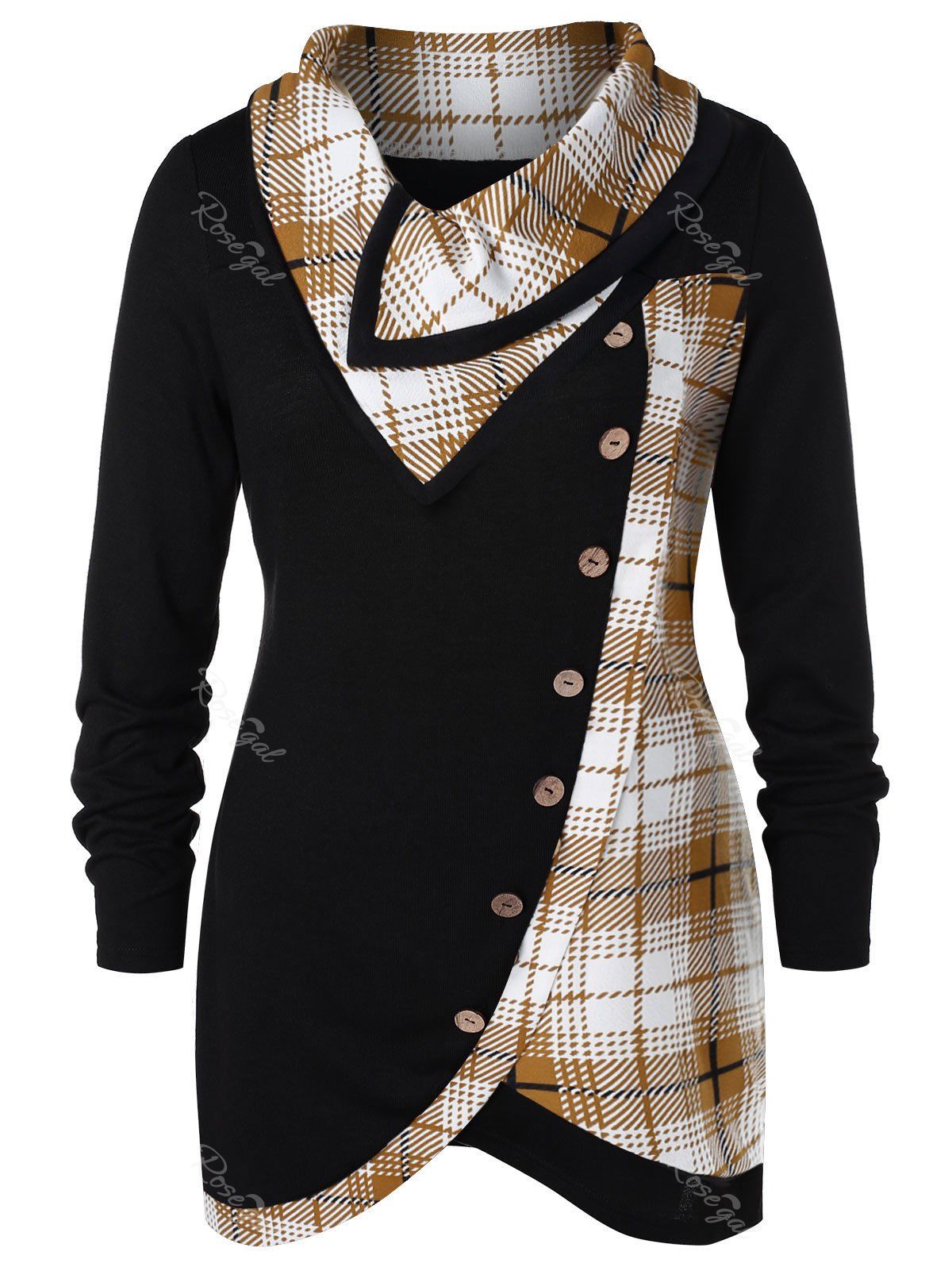 

Plus Size Skew Button Plaid Spliced Tulip Front T-shirt, Light khaki
