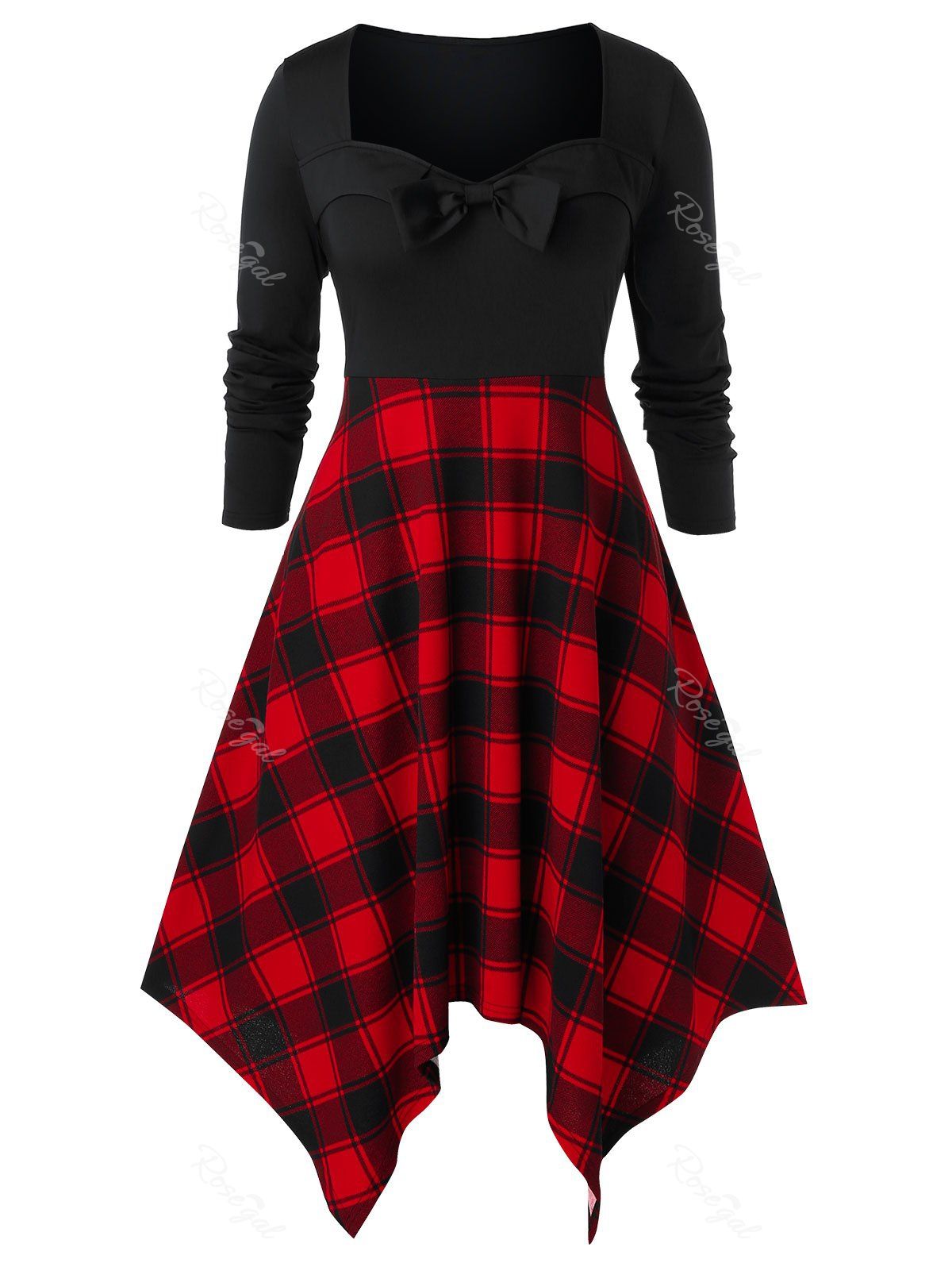 

Plus Size Plaid Panel Sweetheart Collar Bowknot Dress, Black