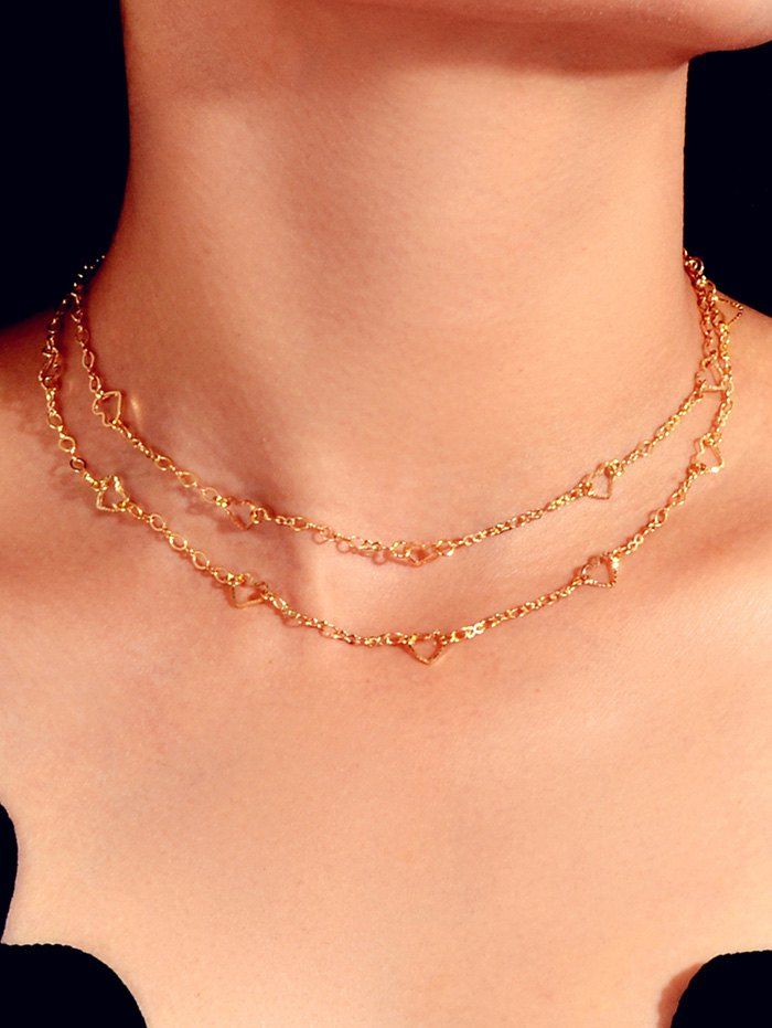 

Hollow Out Heart Double Layers Necklace, Gold
