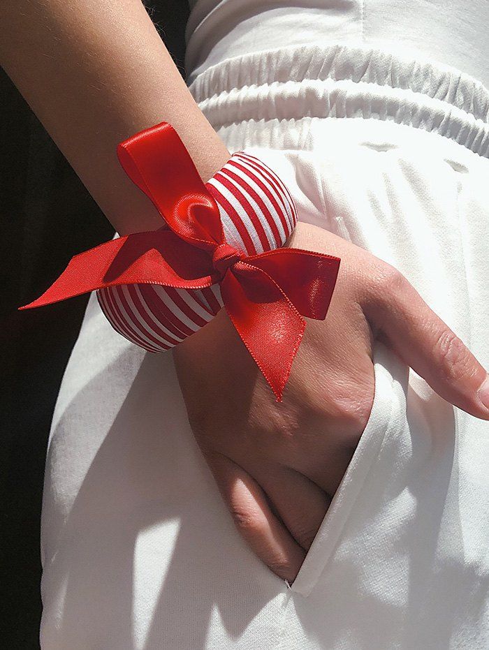 

Striped Fabric Bowknot Wide Cuff Bracelet, Red
