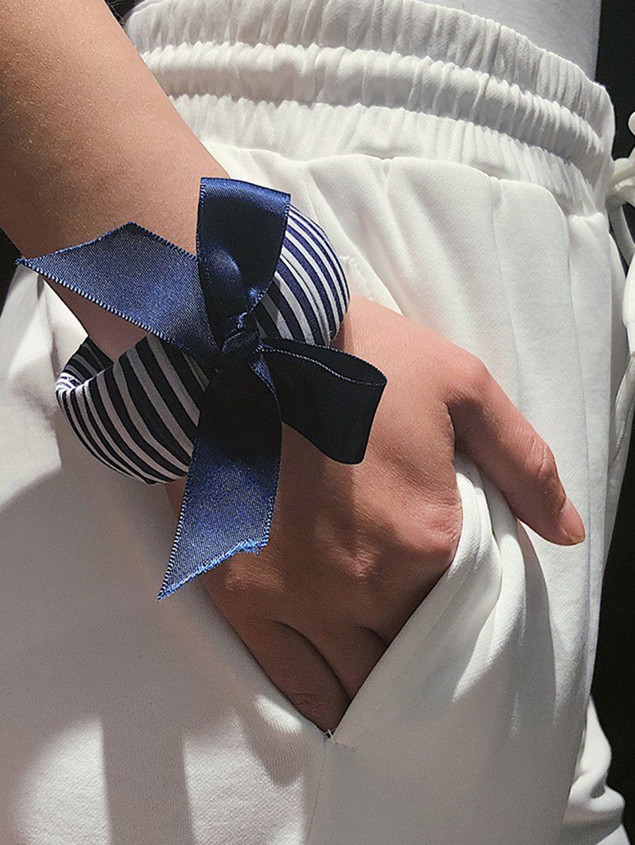 

Striped Fabric Bowknot Wide Cuff Bracelet, Blue